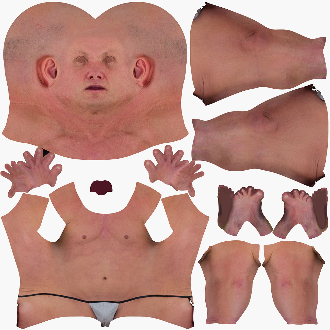 Unwrapped UV map layout for a male full body 3D scan showing texture island arrangement and low-distortion unwrap